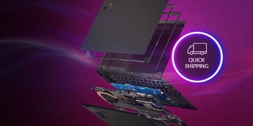 A customizable Lenovo Laptop is shown in parts. All floating on a dark purple background. An icon with the text Quick Shipping is in the center of the image. 