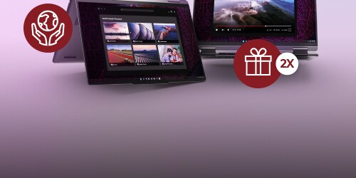 Deux ordinateurs portables Yoga affichant des images de nature en plein écran