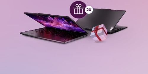 Two Lenovo Laptops back to back and a present on the side. All placed on a pink background.