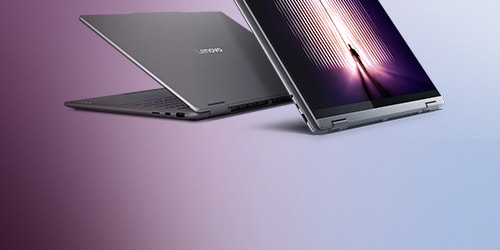 two laptops, one closed and sleek, and the other open with a vibrant, modern display. The background has a gradient of purple and blue tones.