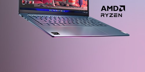 An open laptop floating in the air on a light pink background.