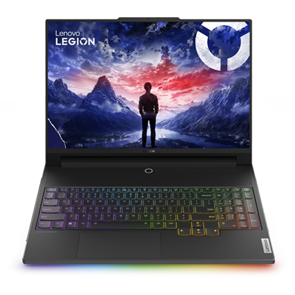 A Lenovo Legion 9i gaming laptop with a vibrant display featuring a scenic background of mountains and a dramatic sky. The laptop has a sleek design, and its keyboard is illuminated with RGB lighting, showcasing a gradient of colors.