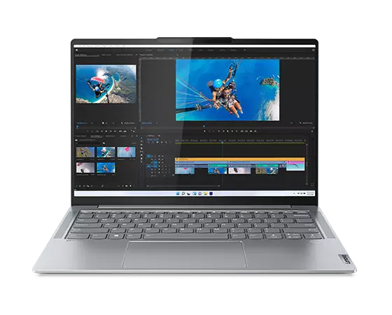 Lenovo Slim 7i 14 inch Misty Gray open facing to the left with a photo editor software