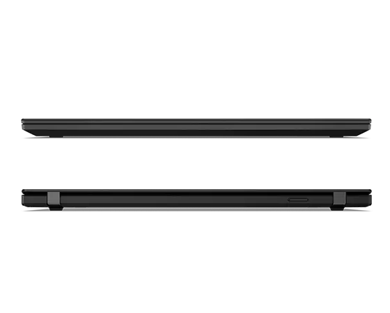 2 Thinkpad T14s black laptops seen from the side
