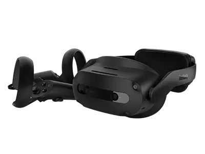 Lenovo ThinkReality VRX headset with controllers in left three-quarter view