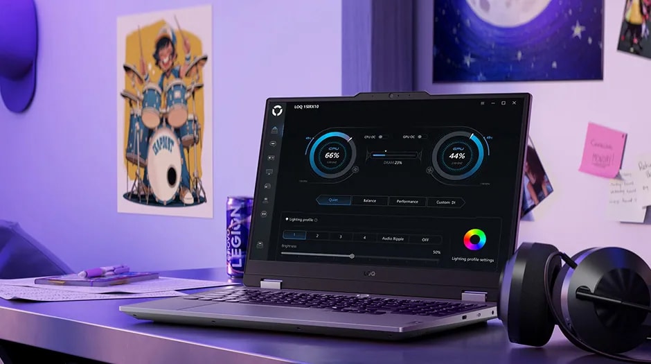 Showcases real-time CPU, GPU, and fan control via Lenovo Vantage interface.