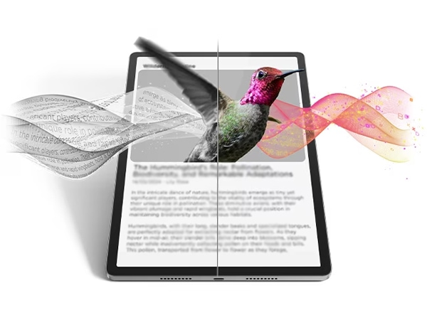 A Lenovo Idea Tab Pro tablet in Luna Grey shows a book page about hummingbirds as a hummingbird image appears to fly out of the screen