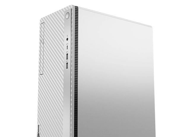 Close-up view of side-facing Lenovo IdeaCentre 5i Gen 8 (Intel) family desktop tower, showing front ports, top panel & right-hand panel