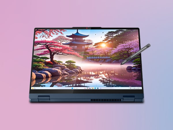 Overhead shot of Lenovo IdeaPad 5 2-in-1 Gen 10 (16” AMD) laptop, focusing its responsive keyboard & strategic key layout for easy navigation & typing.