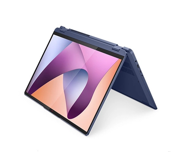IdeaPad Flex 5 Gen 8 laptop in tent mode, facing right