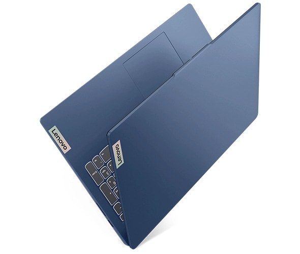 Lenovo IdeaPad Slim 3i laptop in Abyss blue folded like a book standing on its spine.