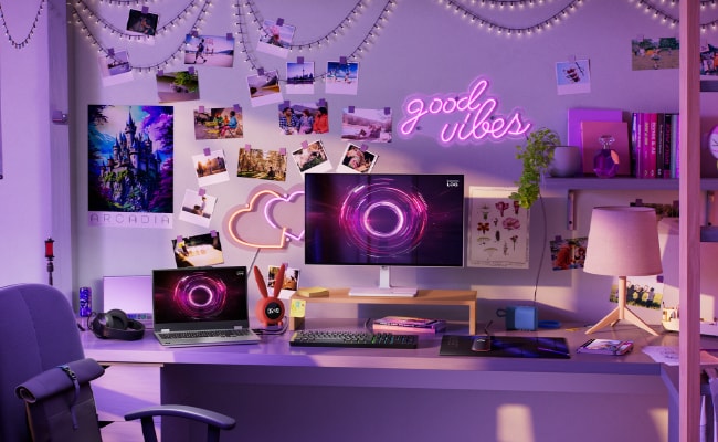 Demonstrates LOQ as part of a dual-screen, creator-focused desktop workspace.