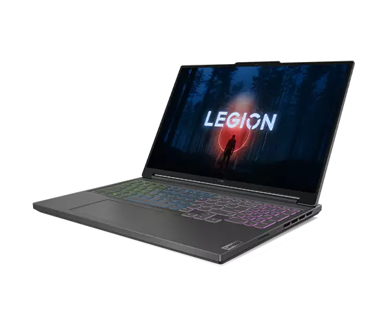 Lenovo Legion Slim 5 Gen 8 laptop facing left with display on and backlit keyboard
