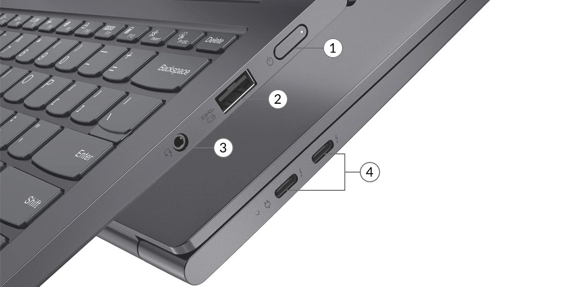 Lenovo Yoga Slim 7i Pro (14) side view showing ports including power button, USB-A, USB-C and headphone jack
