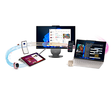 A ribbon representing smart connectivity surrounds multiple devices, including a Lenovo IdeaPad Slim 3i Gen 11 (15&Prime; Intel) laptop. מחשב נייד IdeaPad Slim 3&nbsp;15IWC11 83RR00E1IV&nbsp;מבית&nbsp;Lenovo