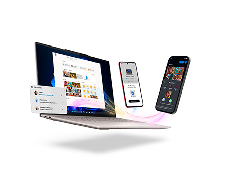 Wavy lines indicating connectivity join two phones with the Lenovo IdeaPad Slim 3i Gen 11 (15&Prime; Intel) laptop.מחשב נייד IdeaPad Slim 3&nbsp;15IWC11 83RR00E1IV&nbsp;מבית&nbsp;Lenovo