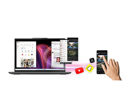 Pink swirls connect a smartphone to the Lenovo IdeaPad Slim 3i Gen 11 (15&Prime; Intel) laptop. מחשב נייד IdeaPad Slim 3&nbsp;15IWC11 83RR00E1IV&nbsp;מבית&nbsp;Lenovo