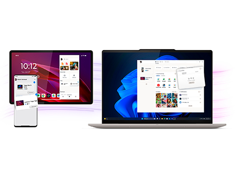 Swirling lines connect a tablet, a smartphone, and the Lenovo IdeaPad Slim 3i Gen 11 (15&Prime; Intel) laptop. מחשב נייד IdeaPad Slim 3&nbsp;15IWC11 83RR00E1IV&nbsp;מבית&nbsp;Lenovo