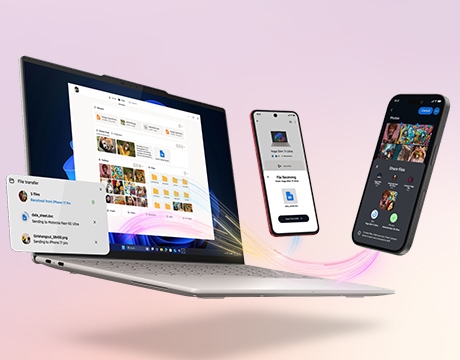 Las líneas en espiral representan la transferencia de archivos entre teléfonos inteligentes y la laptop Lenovo IdeaPad Slim 3i Gen 11 (14” Intel).
