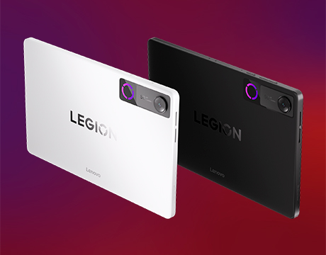 Staggered rear views of Glacier White and Eclipse Black Lenovo Legion Tab Gen 5 (8.8" Snapdragon) gaming tablets in portrait orientation.