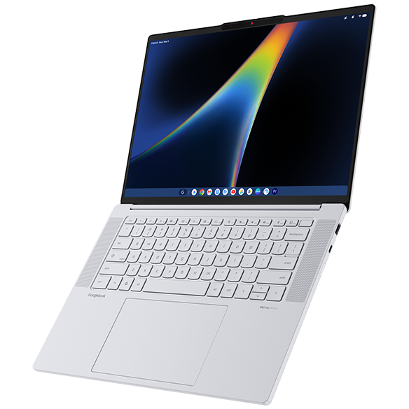Vista anteriore destra di un laptop Lenovo Googlebook 15 che sembra fluttuare completamente aperto, con grafica curva con sfumature della luce al neon di Google sul display.