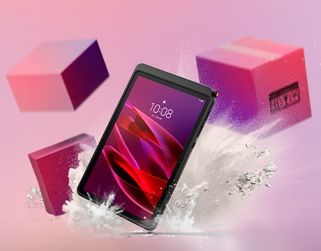 A tablet falls among boxes, illustrating the durability of the Lenovo ThinkTab X11 tablet.