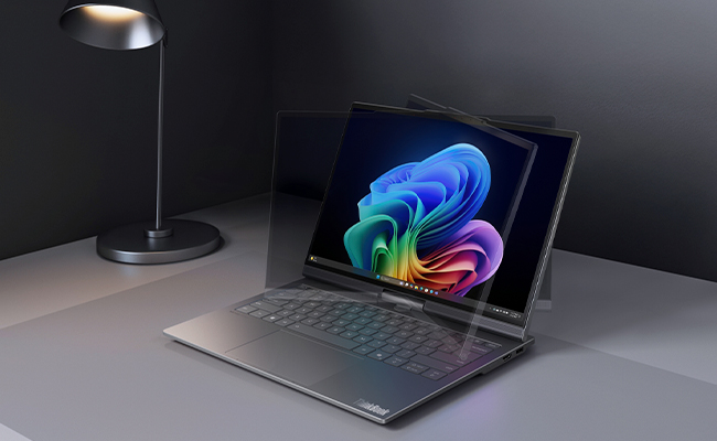 The Lenovo ThinkBook Plus Gen 7 Auto Twist (14″ Intel) laptop with twisted screen overlays showing the range of motion.