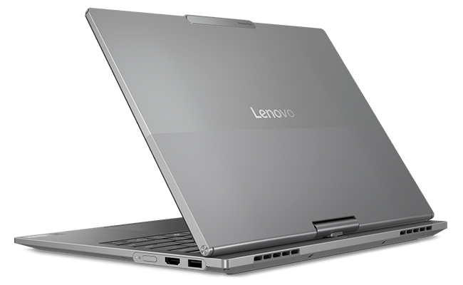 Rear facing dual-toned top cover with Lenovo logo on the Lenovo ThinkBook Plus Gen 7 Auto Twist (14″ Intel) laptop.