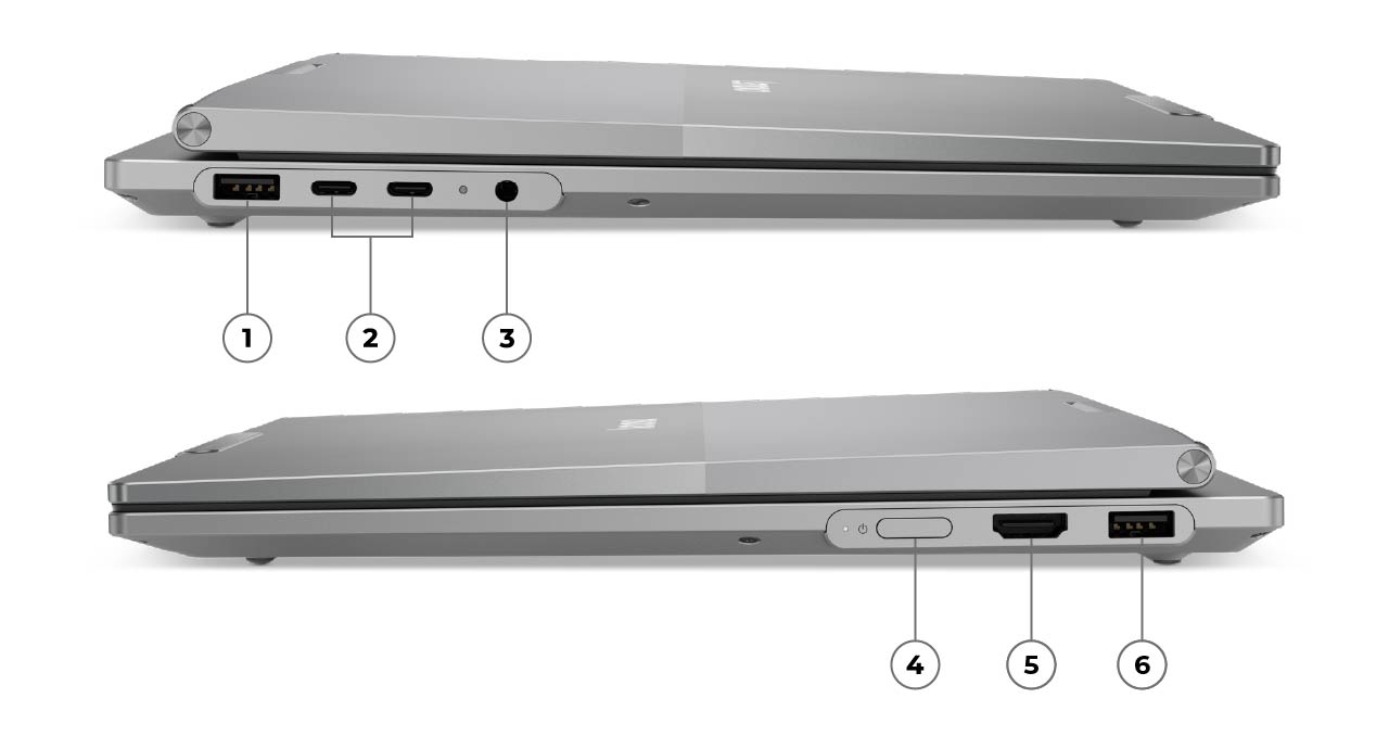 Left & right profiles of Thunderbolt 4, USB-A, power button, audio & HDMI on the Lenovo ThinkBook Plus Gen 7 Auto Twist (14″ Intel) laptop.