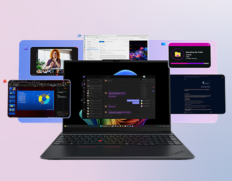 Lenovo ThinkPad E16 Gen 4 (16" Intel) 筆記型電腦周圍顯示多個應用程式，配備增強的多工處理功能。