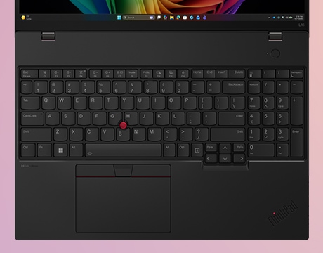 Overhead shot of Lenovo ThinkPad L16 Gen 3 (16" AMD) laptop, featuring its well-spaced keyboard with Trackpoint, touchpad & numeric pad.