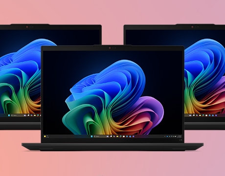 Three Lenovo ThinkPad L16 Gen 3 (16" AMD) laptops, two placed behind the first one, with vibrant, swirly displays showing colorful graphics.