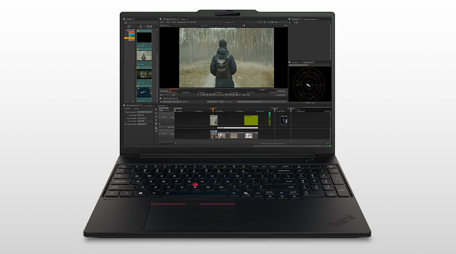 Showcasing video editing software with a forest scene, highlighting the Lenovo ThinkPad P16s i Gen 5 (Intel) mobile workstation.