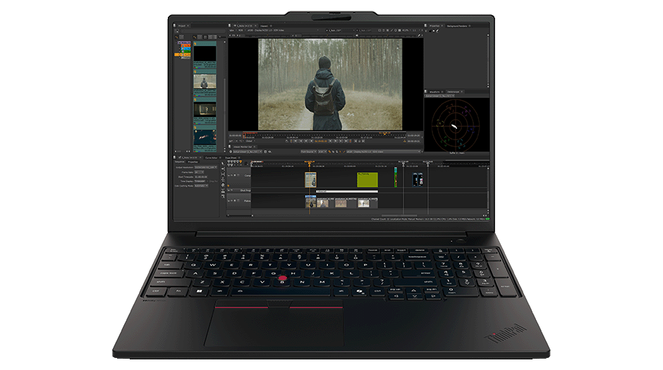 Professional video editing timeline shown on a large screen above full-size keyboard on Lenovo ThinkPad P16s Gen 5 (16″ AMD) Mobile Workstation.