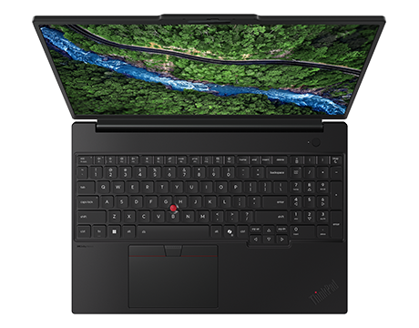 Top-down view highlights full-size keyboard, TrackPoint, and large display on Lenovo ThinkPad P16s Gen 5 (16″ AMD) Mobile Workstation.