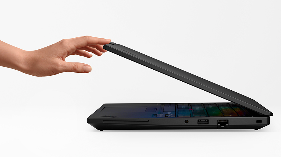 A hand moves the top of the Lenovo ThinkPad T14 Gen 7 (14” AMD) laptop with a single finger.