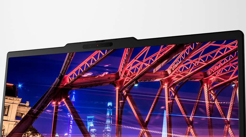 Closeup of the display and camera on the Lenovo ThinkPad T14 Gen 7 (14” AMD) laptop.