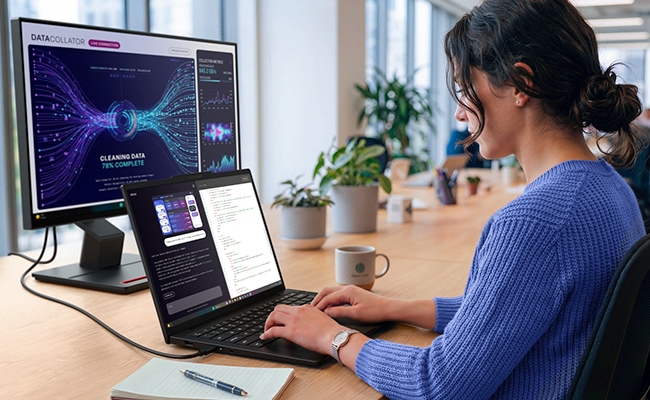 A woman at a desk with a monitor types on a Lenovo ThinkPad T14s Gen 7 (14” Snapdragon) laptop.