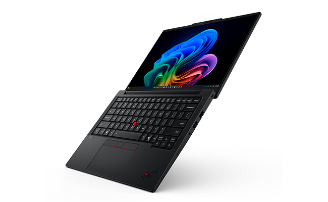 Lenovo ThinkPad T14 Gen 7 (14” Intel) 筆記型電腦的右上視圖，以 180 度打開。