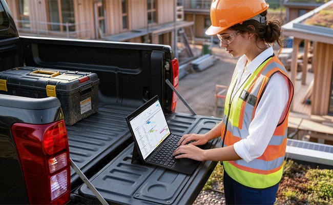 A worker at a construction site types on the Lenovo ThinkPad X13 Detachable (13” Intel).