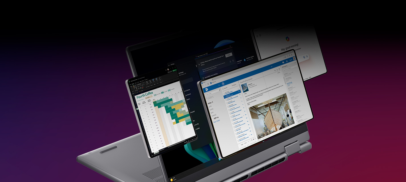 Several open apps hover above a laptop in Presentation mode suggesting multitasking on the Lenovo ThinkBook 14 2-in-1 Gen 6 laptop.