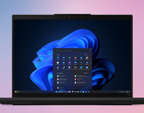 Front-facing display with Windows 11 Pro Start menu open on the Lenovo ThinkPad L14 Gen 7 (14" Intel) laptop.
