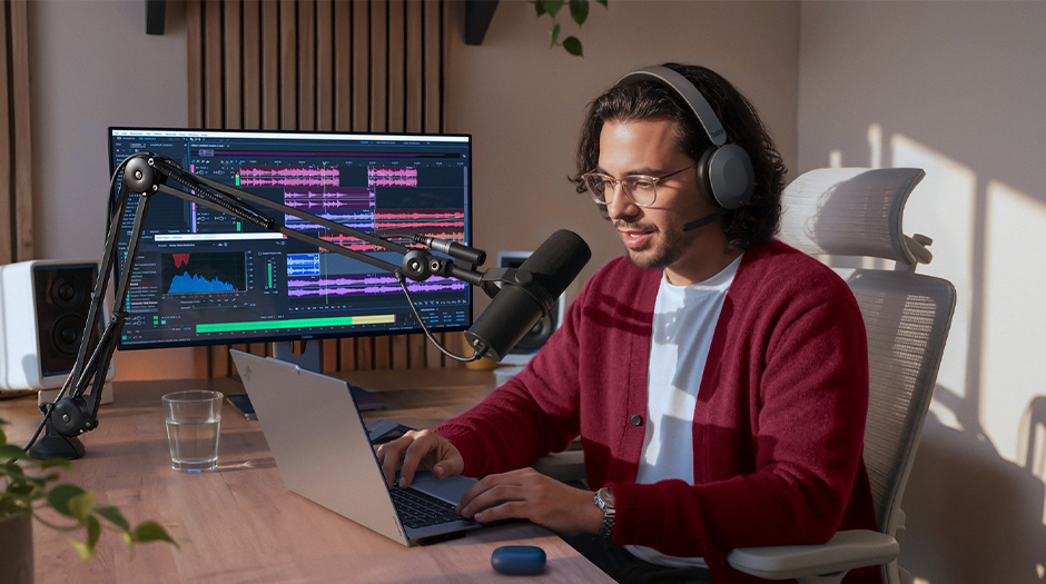 Individual using a Lenovo ThinkPad X9 15p Aura Edition laptop for audio editing