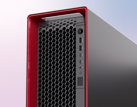 Top angle of Lenovo ThinkStation P5 Gen 2 (Intel) tower workstation showing top and front panel details.