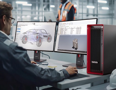 Automotive engineer designs vehicles with 3D software on the Lenovo ThinkStation P5 Gen 2 (Intel) tower.
