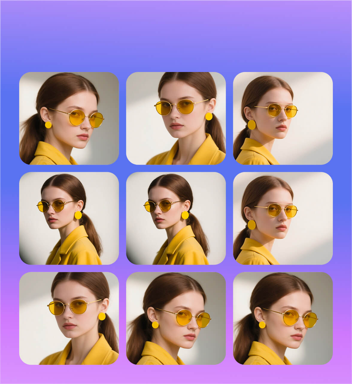 Lenovo Qira showing a grid of edited variations of one portrait — different crops, lighting and glow