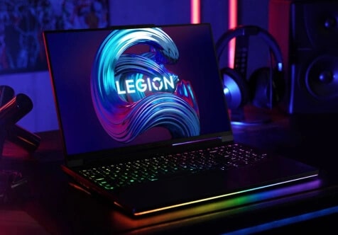 Lenovo Legion laptop with rainbow accent facing front right.