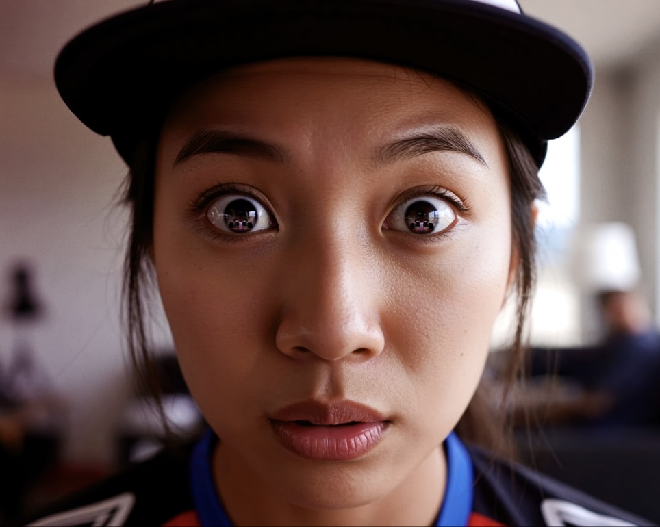 Une jeune personne portant un chapeau regardant droit dans l’objectif avec un regard surpris sur son visage.