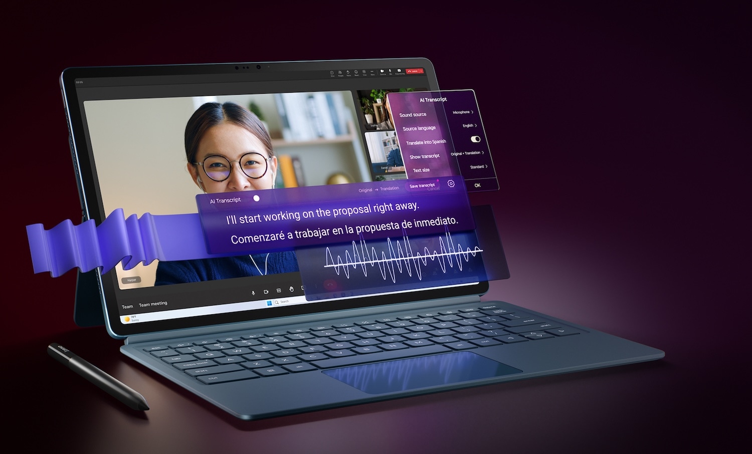 Le Lenovo Yoga Tab Plus, présentant la traduction en temps réel d’un son de réunion facilitée par le service de transcription IA de Microsoft, fait rapidement et de façon concis.