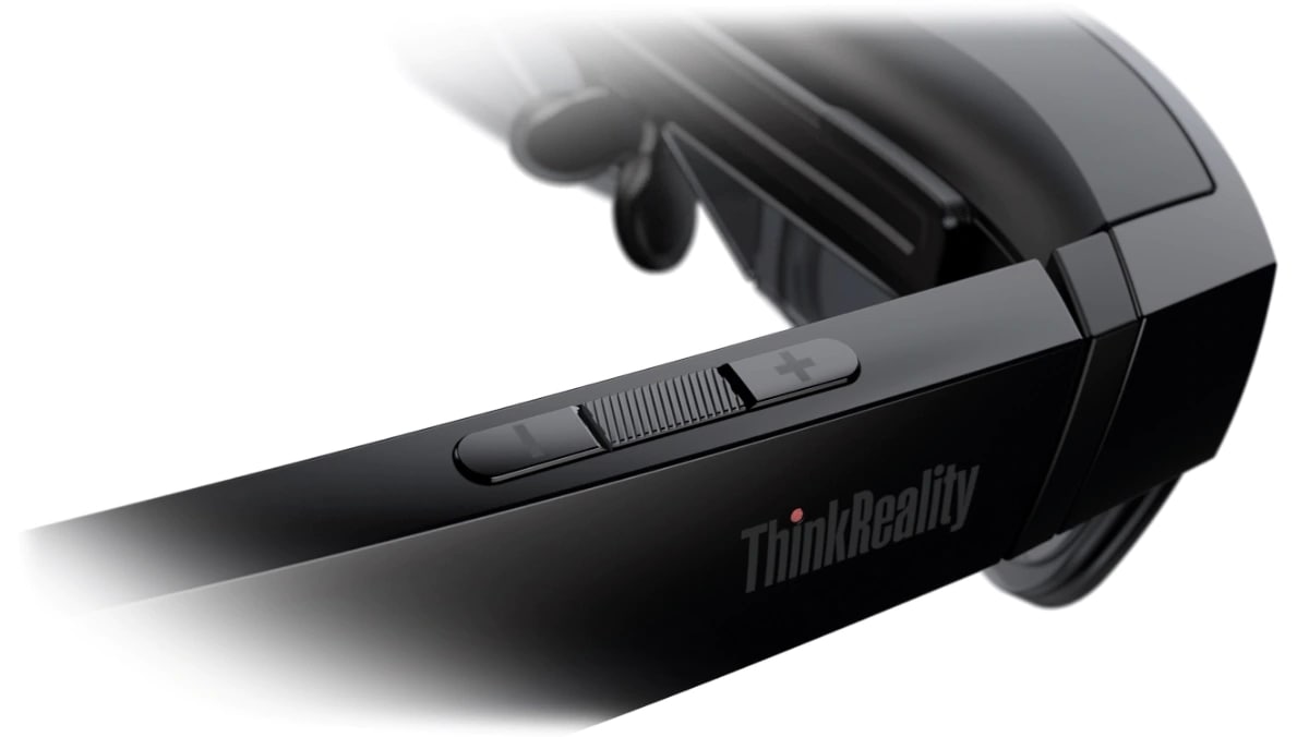 Lenovo ThinkReality A3 smart glasses – close-up of +/- control buttons on right earpiece